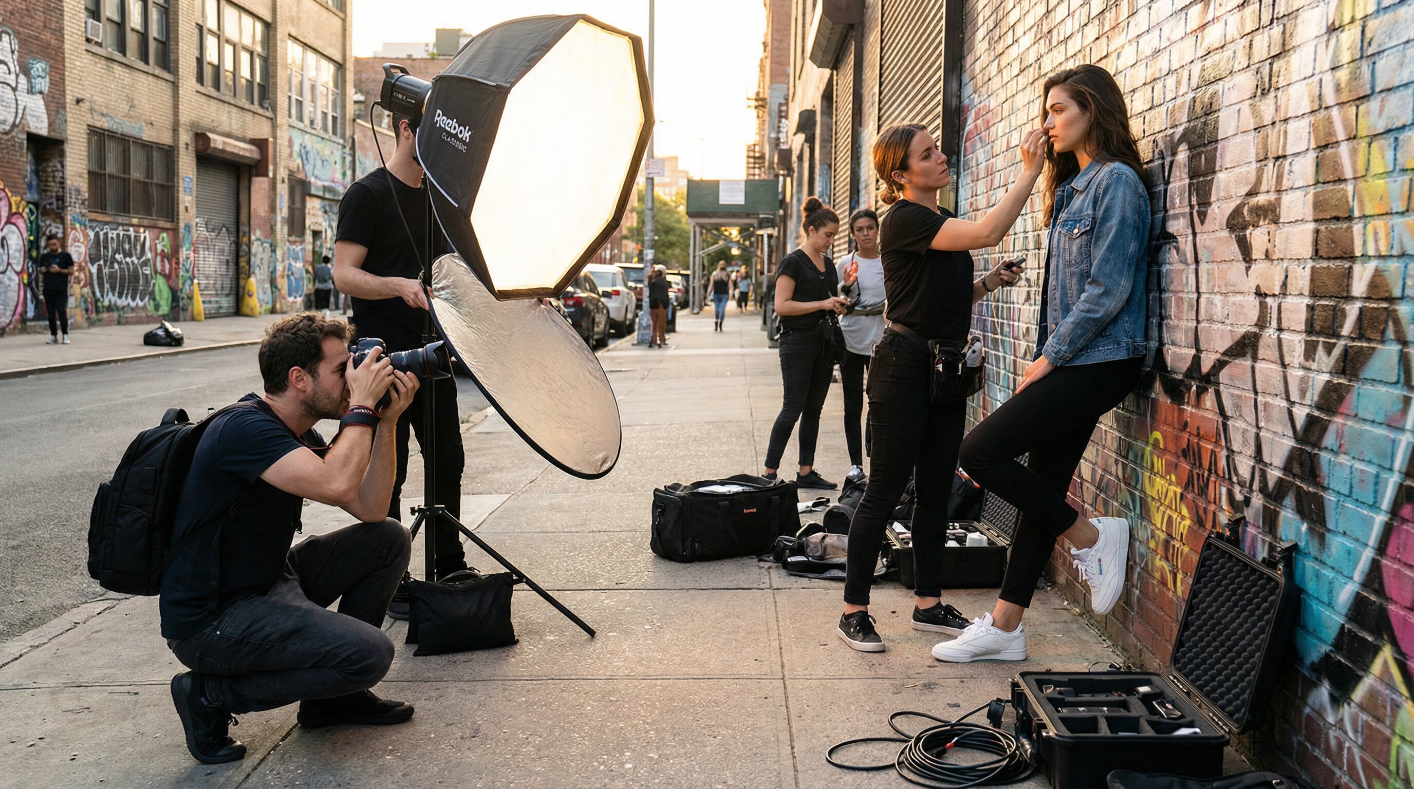 On-location production with portable lighting setup